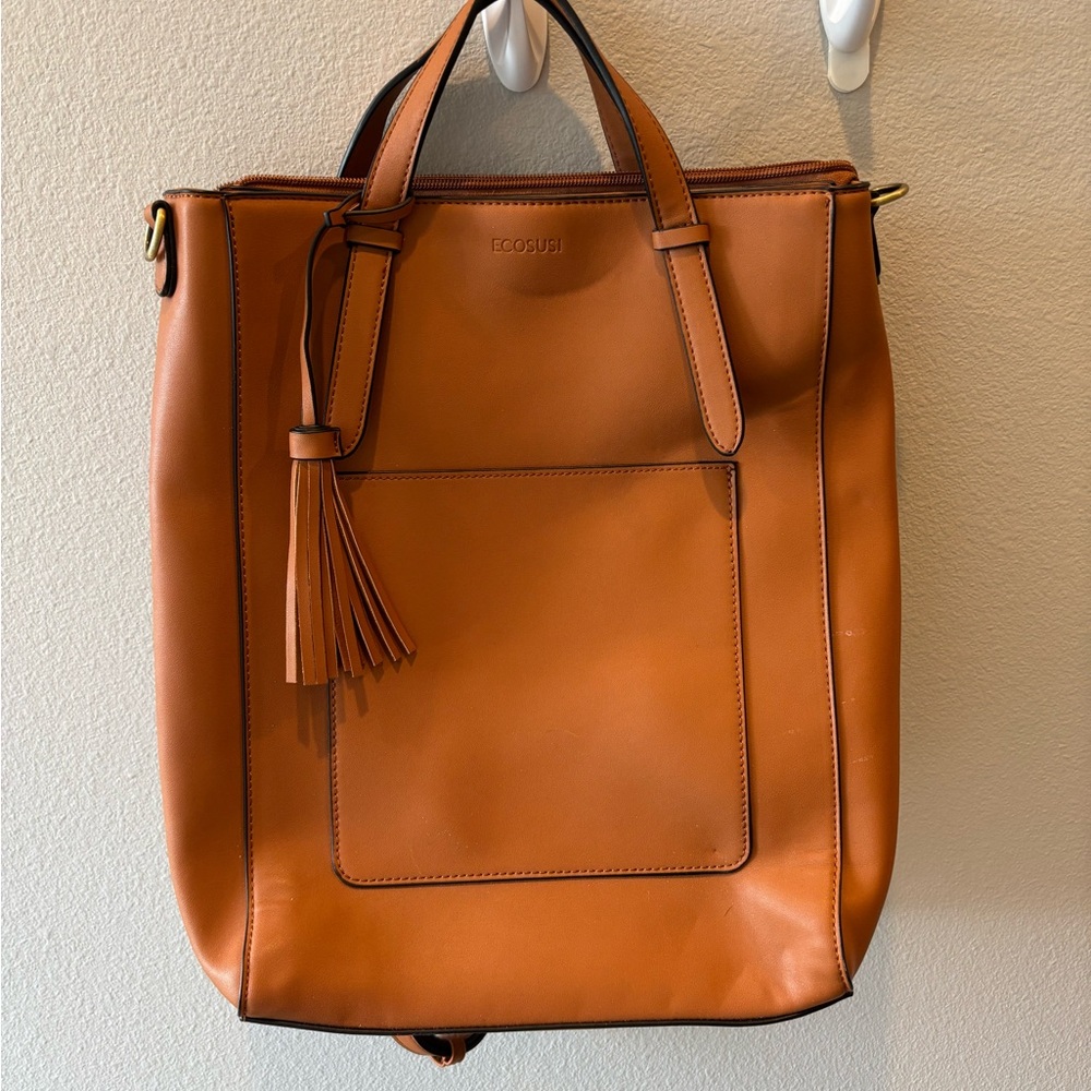 Tan Faux Leather Backpack Tote with Tassel Accent